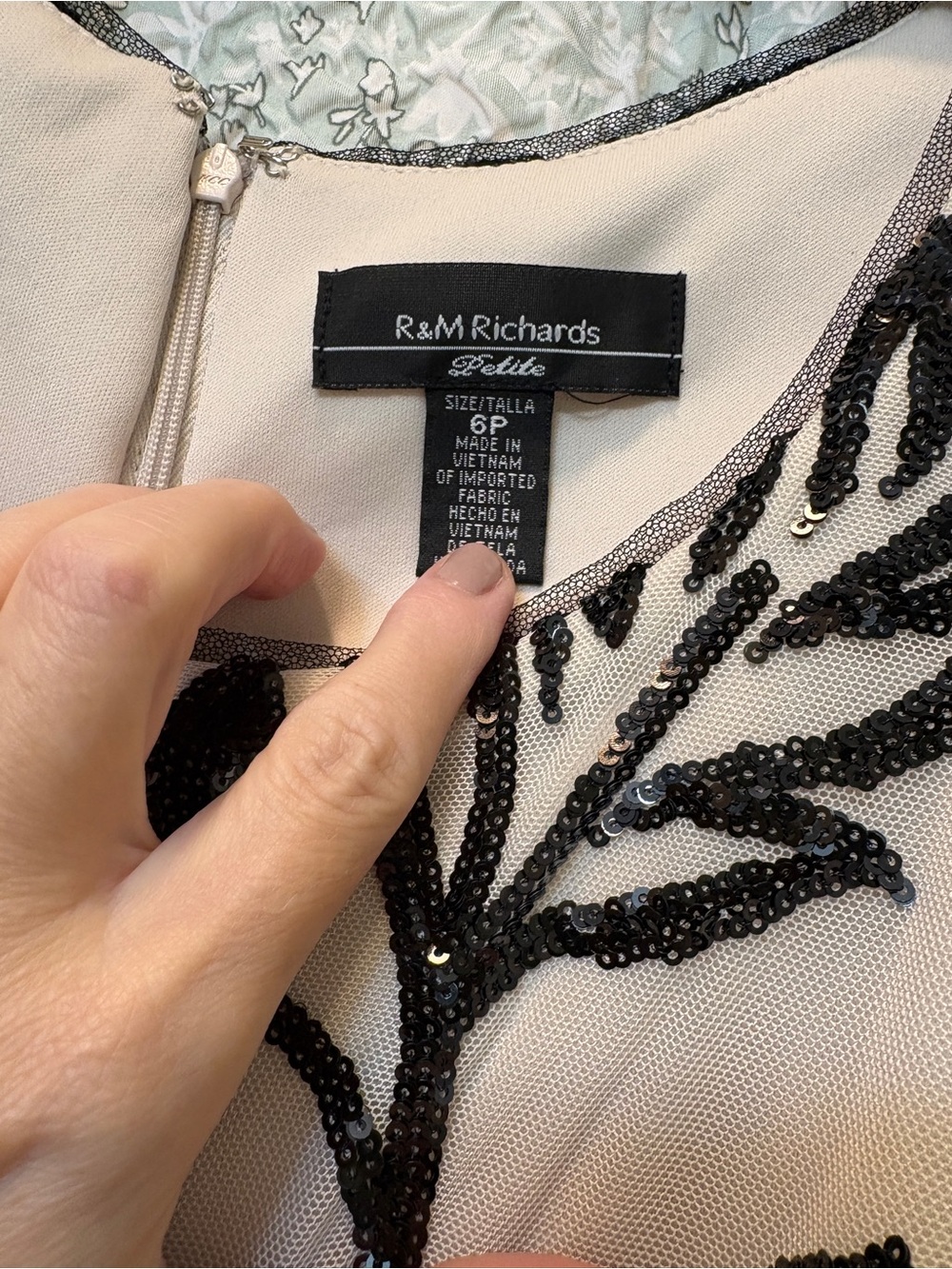 R&M Richards Cream Dress with Black Sequin Floral Embroidery and Satin Sash - Picture 2 of 9